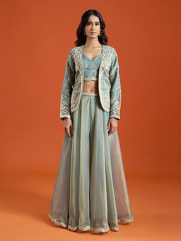 Samyukta Singhania - Green Floral Embroidered Sharara with Top and Jacket