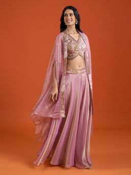 Samyukta Singhania - Pink Embroidered Flared Sharara with Top and Cape