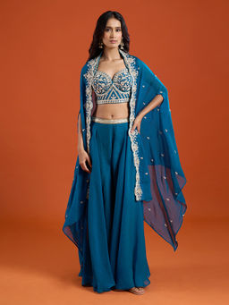 Samyukta Singhania - Blue Bead Embroidered Sharara with Top and Cape