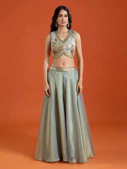 Samyukta Singhania - Green Embroidered Cape Sharara with Top and Cape