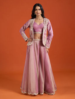 Samyukta Singhania - Pink Floral Embroidered Sharara with Top and Jacket