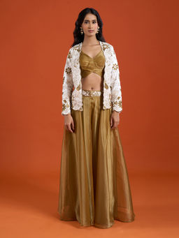 Samyukta Singhania - Gold Floral Embroidered Sharara with Top and Jacket
