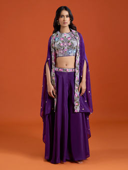 Samyukta Singhania - Purple Beads Embroidered Sharara with Top and Cape