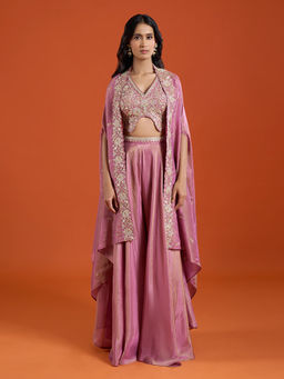 Samyukta Singhania - Pink Embroidered Cape Sharara with Top and Cape