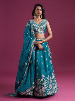 Samyukta Singhania - Sequins Embroidered Tissue Teal Lehenga with Blouse and Dupatta