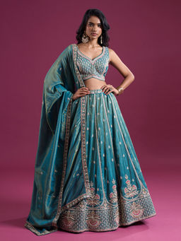Samyukta Singhania - Sequins Embroidered Tissue Blue Lehenga with Blouse and Dupatta