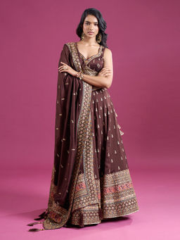 Samyukta Singhania - Sequins Embroidered Chinnon Silk Brown Lehenga with Blouse and Dupatta