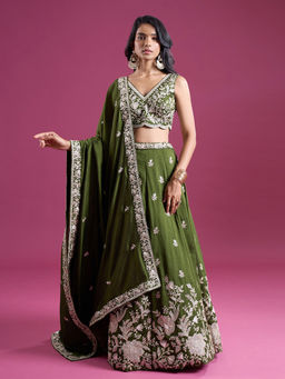 Samyukta Singhania - Sequinned and Zari Embroidered Green Lehenga with Blouse and Dupatta