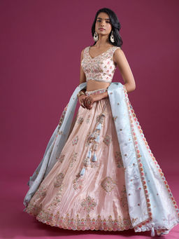 Samyukta Singhania - Sequinned and Zari Embroidered Peach Lehenga with Blouse and Dupatta