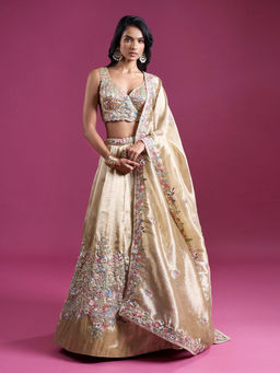 Samyukta Singhania - Sequinned and Zari Embroidered Tissue Beige Lehenga with Blouse and Dupatta