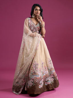 Samyukta Singhania - Sequinned and Zari Embroidered Net Cream Lehenga with Blouse and Dupatta