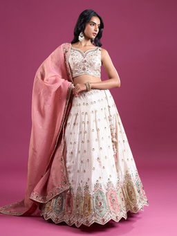 Samyukta Singhania - Sequinned and Zari Embroidered Tissue Cream Lehenga with Blouse and Dupatta