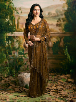 Samyukta Singhania - Net Gold and Yellow Saree with Stitched Blouse