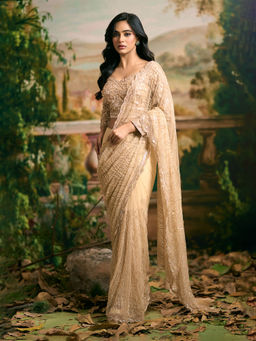 Samyukta Singhania - Beaded Net Beige Saree with Stitched Blouse