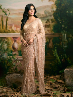 Samyukta Singhania - Embroidered V-Neck Gold Saree with Stitched Blouse