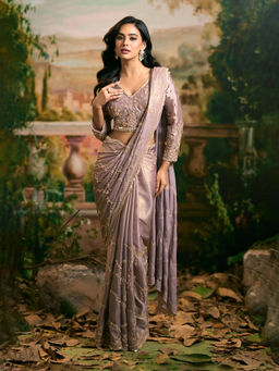 Samyukta Singhania - Soft Georgette Purple Saree with Stitched Blouse