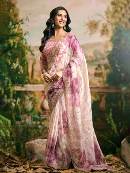 Samyukta Singhania - Embroidered and Printed Pink Saree with Stitched Blouse