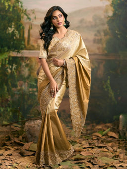 Samyukta Singhania - Hand Embroidered Organza Gold Saree with Stitched Blouse