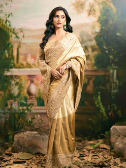 Samyukta Singhania - Banarsi Tissue Embroidered Gold Saree with Stitched Blouse