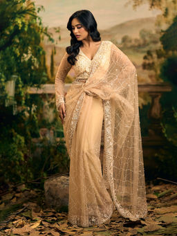 Samyukta Singhania - Hand Embroidered Net Beige Saree with Stitched Blouse