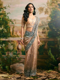 Samyukta Singhania - Banarsi Tissue Beige and Green Saree with Stitched Blouse