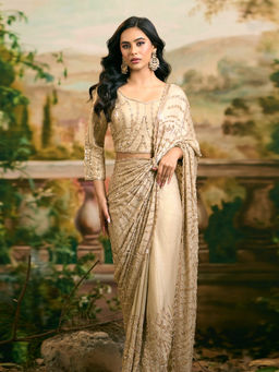 Samyukta Singhania - Hand Embroidered Banarasi Beige Saree with Stitched Blouse