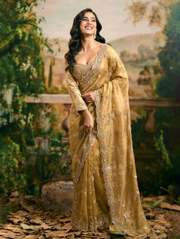 Samyukta Singhania - Embroidered Banarsi Tissue Gold Saree with Stitched Blouse