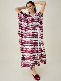 The Kaftan Company - White And Maroon Ditsy Floral Loungewear Kaftan