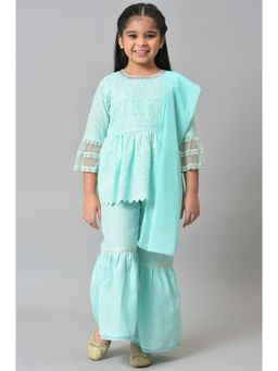 Aurelia - Mint Green Schiffli Kurta With Flared Sharara And Dupatta (Set of 3)