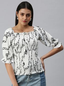 SHOWOFF - Women Square Neck Three Fourth Sleeves Solid White Top