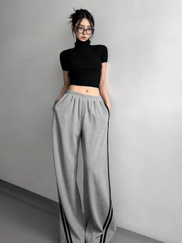 Outzidr - Solid Grey Contrast Stripped Wide Leg Street Style Sweatpants