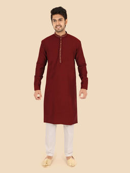 ETHNIKS NEURON - Men Maroon Solid Satin Mandarin Full Sleeves Kurta with Pyjama