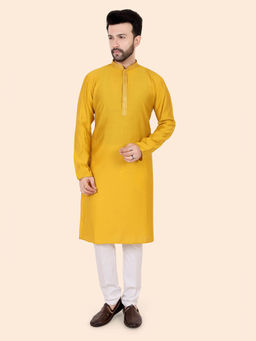 ETHNIKS NEURON - Men Mustard Solid Satin Mandarin Full Sleeves Kurta with Pyjama