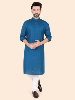 ETHNIKS NEURON - Men Blue Textured Cotton Mandarin Full Sleeves Kurta with Pyjama