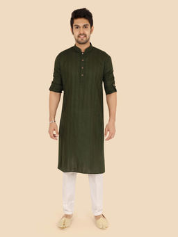 ETHNIKS NEURON - Men Green Textured Cotton Mandarin Full Sleeves Kurta with Pyjama