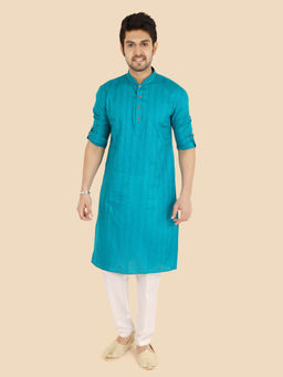 ETHNIKS NEURON - Men Textured Cotton Mandarin Blue Full Sleeves Kurta with Pyjama