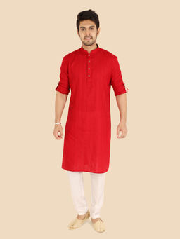 ETHNIKS NEURON - Men Red Textured Cotton Mandarin Full Sleeves Kurta with Pyjama