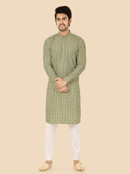 ETHNIKS NEURON - Men Geometric Green Cotton Silk Full Sleeves Kurta with Pyjama