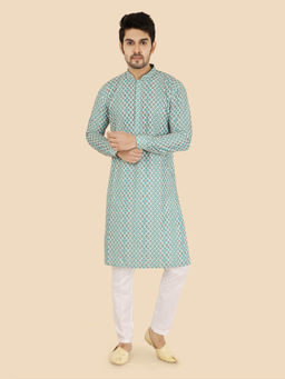 ETHNIKS NEURON - Men Green Geometric Cotton Silk Full Sleeves Kurta with Pyjama