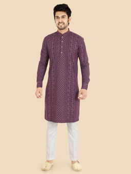 ETHNIKS NEURON - Men Lavender Paisley Cotton Silk Full Sleeves Kurta with Pyjama