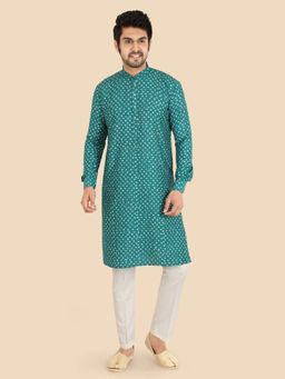 ETHNIKS NEURON - Men Green Buti Cotton Mandarin Collar Full Sleeves Kurta with Pyjama