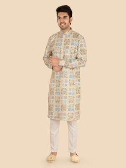 ETHNIKS NEURON - Men Multi-Color Geometric Cotton Silk Full Sleeves Kurta with Pyjama