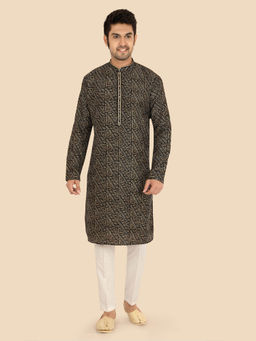 ETHNIKS NEURON - Men Black Geometric Print Pure Silk Full Sleeves Kurta with Pyjama
