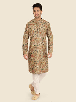 ETHNIKS NEURON - Men Floral Pure Silk Mandarin Collar Full Sleeves Kurta with Pyjama
