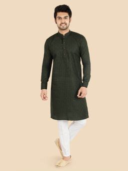 ETHNIKS NEURON - Men Textured Cotton Mandarin Full Sleeves Green Kurta with Pyjama
