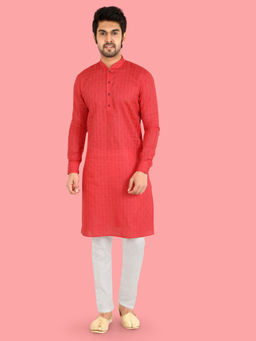 ETHNIKS NEURON - Men Textured Cotton Mandarin Full Sleeves Red Kurta with Pyjama