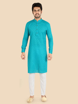 ETHNIKS NEURON - Men Textured Cotton Mandarin Full Sleeves Blue Kurta with Pyjama