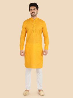 ETHNIKS NEURON - Men Yellow Textured Cotton Mandarin Full Sleeves Kurta with Pyjama