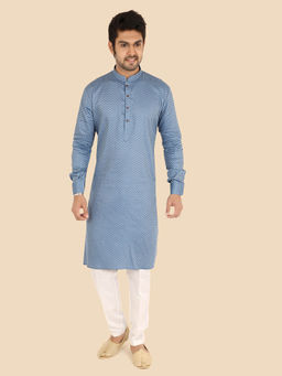 ETHNIKS NEURON - Men Textured Blue Cotton Satin Full Sleeves Kurta with Pyjama