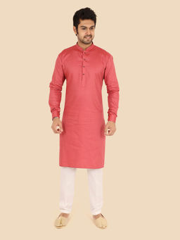 ETHNIKS NEURON - Men Red Textured Cotton Satin Full Sleeves Kurta with Pyjama